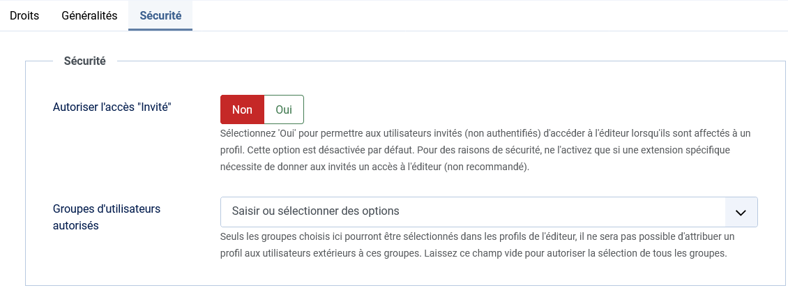 JCE - Onglet Sécurité